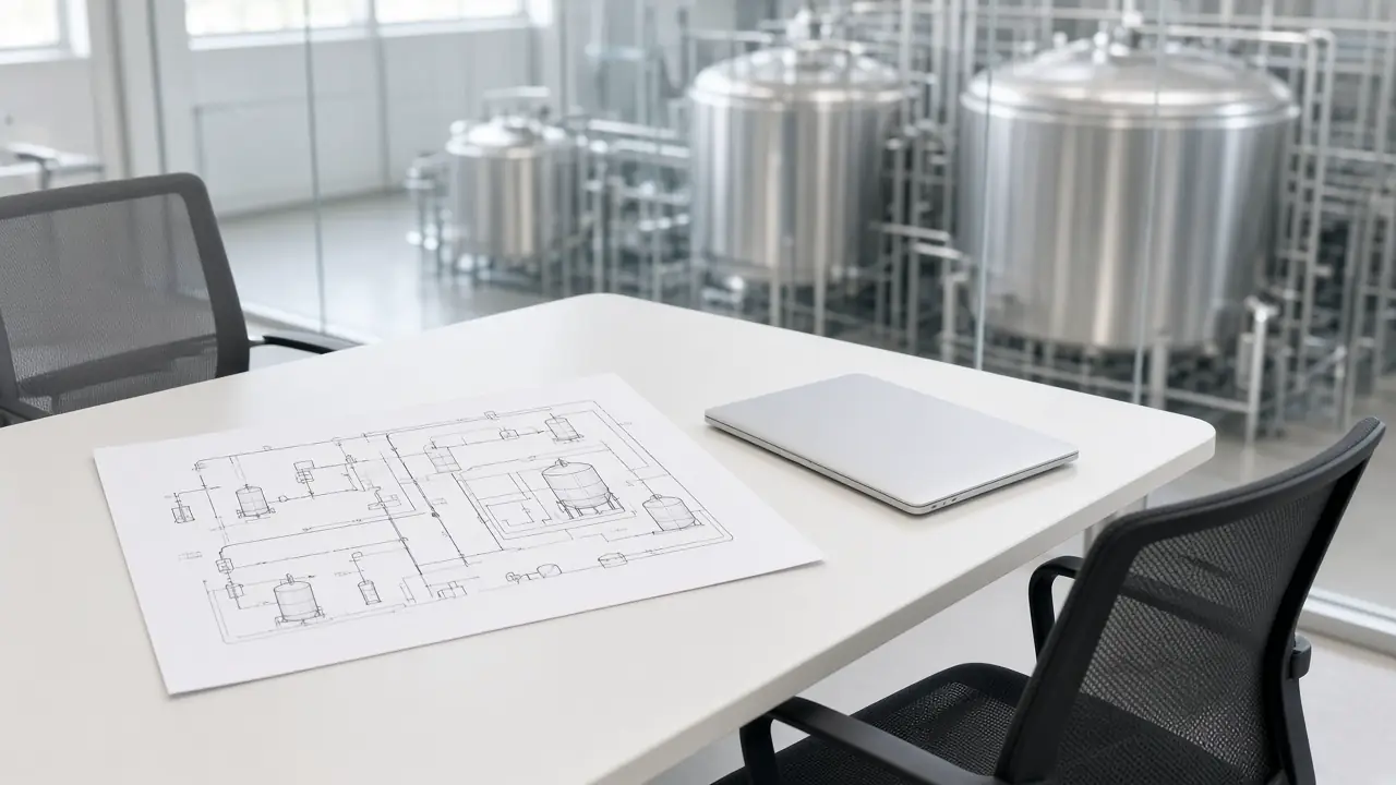 A process drawing and laptop in an empty room overlooking industrial tanks