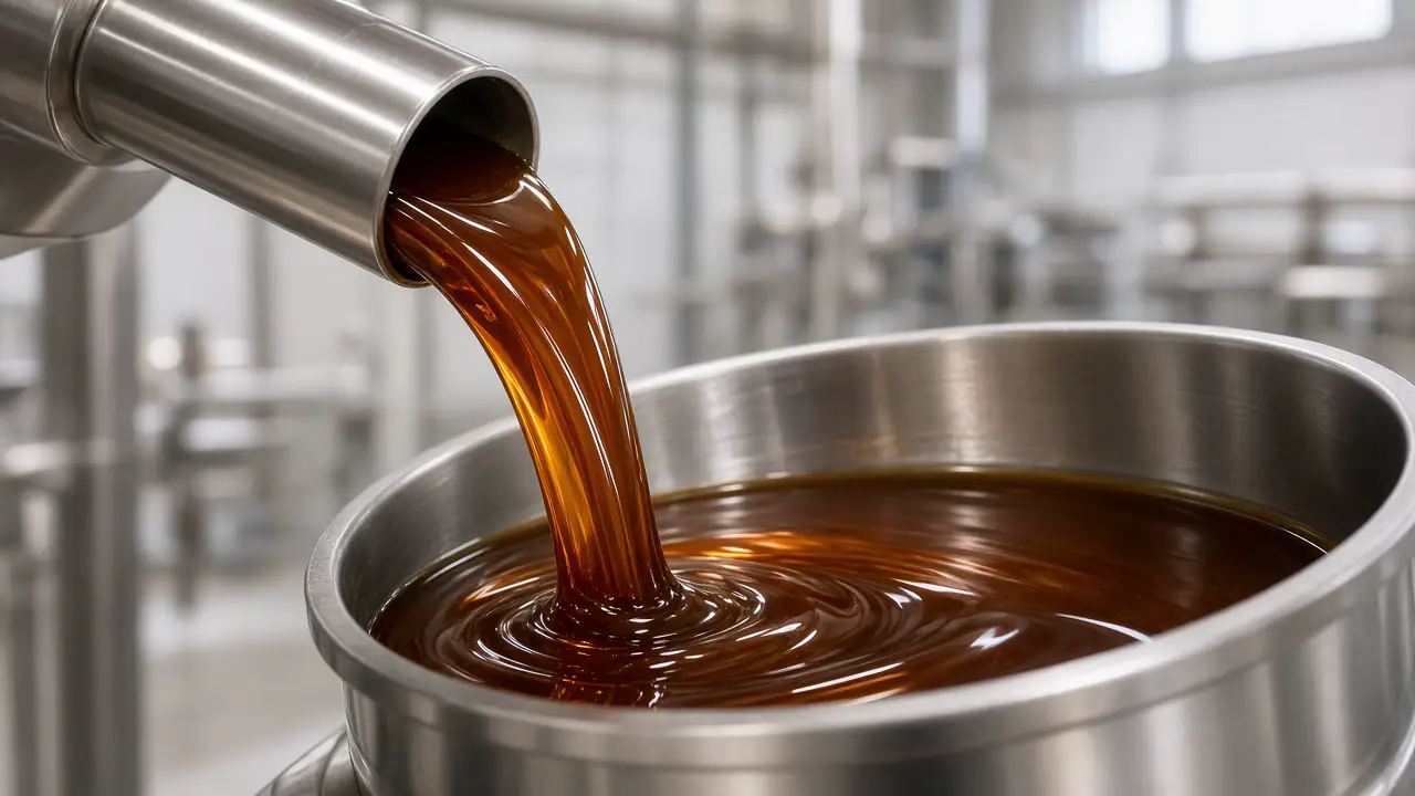 Thick amber cane molasses pouring into a stainless drum